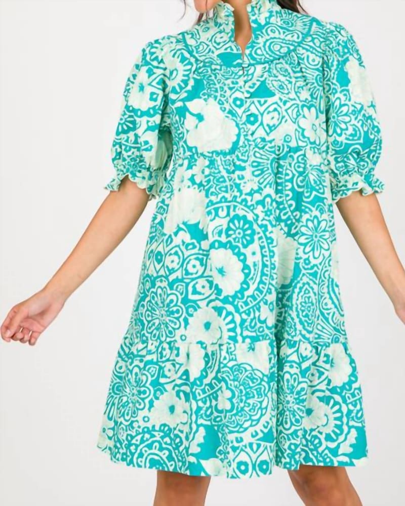 Front of a model wearing a size Large Hawaii Time Dress In Teal in Teal by Umgee. | dia_product_style_image_id:346952